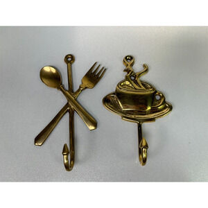 2 Vintage Brass Wall Hooks Coffee Cup, Spoon & Fork Farmhouse Made in India